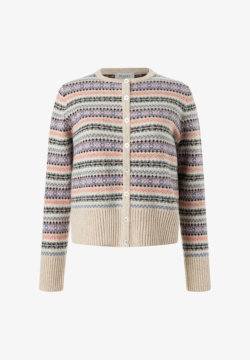 Beige Strickjacke mit mehrfarbigem Streifenmuster. Sie verfügt über einen runden Halsausschnitt, eine Knopfverschluss und gerippte Säume sowie Bündchen.