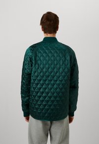 Chaqueta acolchada en satén verde oscuro, con patrones de diamante, cuello y puños acanalados, y una silueta relajada. Vista desde la parte de atrás.