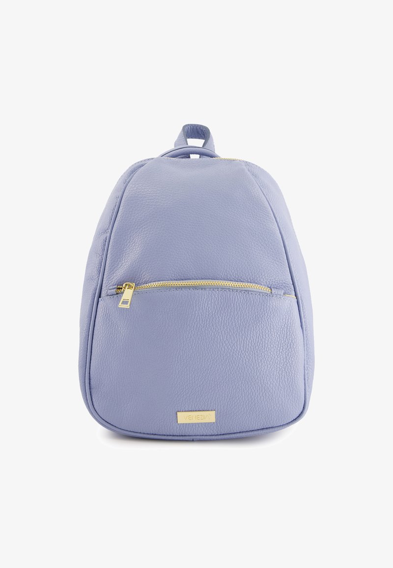 Light purple leather backpack with a textured finish, featuring a front zipper pocket and a top handle for carrying. Gold hardware accents.