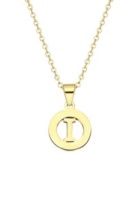 Gouden halsketting met een ronde hanger met een centraal "I"-ontwerp. De ketting heeft gelijkmatig verdeelde schakels en een gepolijste afwerking.