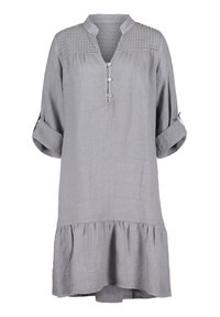 Abito tunica in lino grigio chiaro con maniche arrotolate, pattina con bottoni, corpino strutturato e orlo arricciato.