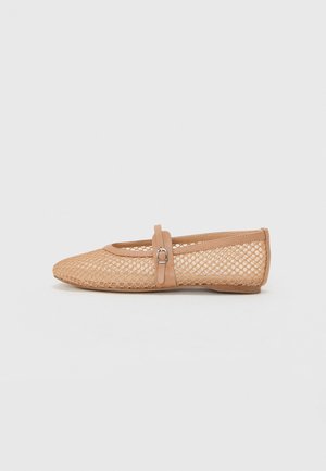 Nude mesh ballet flats with a pointed toe, enclosed heel, and a decorative strap with a buckle across the instep. Textured surface.
