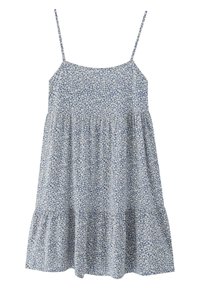 Blumenkleid mit verstellbaren Spaghettiträgern, Hintergrund in Hellblau mit kleinen weißen Blumen, gestufter Rüschensaum, weicher Stoff.