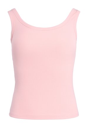 Lichtroze mouwloze geribbelde tanktop met een brede, ronde hals en een aangesloten taille.