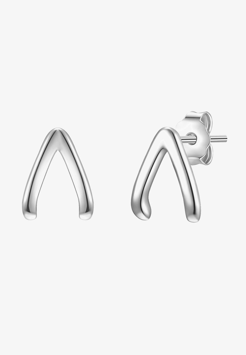 Srebrne uhane v obliki studov s ukrivljenim trikotnim dizajnom in gladko, polirano površino ter zaklepom v obliki metulja.