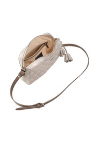 Borsa a tracolla color beige chiaro con superficie decorata, chiusura con zip, tasca interna e cintura regolabile. Texture liscia e design pulito.