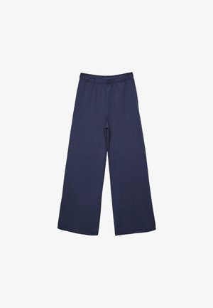 Navy blue wide-leg pants made of soft fabric, featuring an elastic waistband and straight hem. No visible patterns or accents.
