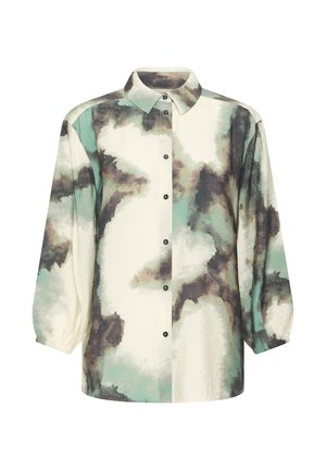 Blouse met lange mouwen en knopen, voorzien van elastische manchetten, met een abstract aquarelpatter in teal, bruin en crèmekleuren.