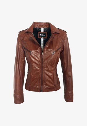 Braune Lederjacke mit Frontreißverschluss, zwei Reißverschlusstaschen auf der Brust, Seitentaschen und einem schwarzen Innenfutter mit CBL-Etikett.