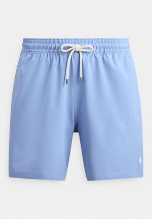 Blå bomulds badeshorts med elastisk taljebånd, snøre og lille broderet logo nederst til højre.