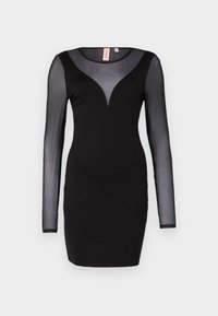 Rochie neagră cu mâneci lungi din plasă transparentă și decolteu în formă de V. Design conștient de siluetă, realizat dintr-un material neted, având o siluetă simplă.