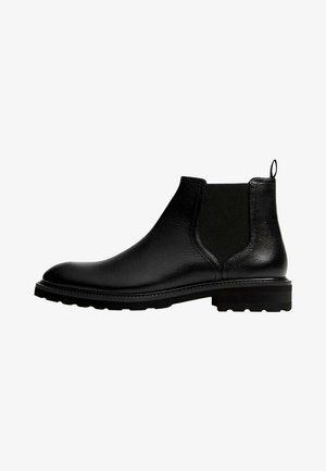 Schwarze Leder Chelsea Boots verfügen über eine abgerundete Zehenpartie, elastische Seitenpanels und ein strukturiertes Obermaterial mit einer dicken, robusten Sohle.