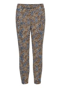 Hose mit elastischem Bund, die ein mehrfarbiges Muster aus braunen, blauen und weißen Punkten aufweist. Hergestellt aus einem weichen, flexiblen Stoff.