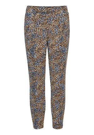 Pantalons à taille élastique ornés d'un motif multicolore de points bruns, bleus et blancs. Fabriqués dans un tissu doux et flexible.