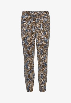 Pantalones con cintura elástica que presentan un patrón multicolor de puntos marrones, azules y blancos. Fabricados con una tela suave y flexible.