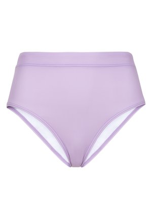 High-waisted bikini bund i blødt lavendel stof. Har en glat tekstur, hvid indvendig foring og pæne sting langs kanterne.