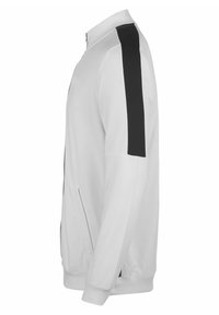 Hellegraue Zip-Jacke mit schwarzen Seitenpaneelen, langen Ärmeln, zwei Seitentaschen und einem gerippten Saum für einen taillierten Look.