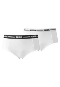 Bóxer de algodón blanco con una cinturilla de logo de Puma negro y detalle de franjas, diseñados para ofrecer comodidad y un ajuste seguro. Incluye dos unidades.