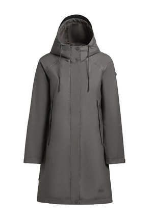 Grå vandtæt jakke med hætte, der har en frontlynlås, to sidelommer, slim fit og en glat, mat tekstur.