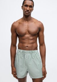 Ανδρικά ριγέ μποξεράκια σε πράσινο και λευκό, με κουμπωτό άνοιγμα, ελαστική μέση και ελαφρύ ύφασμα από βαμβακερό μείγμα.