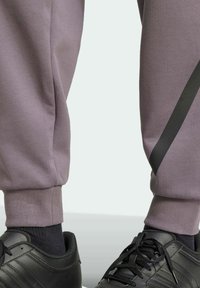 Gray sweatpants with a tapered design, featuring a contrasting black stripe. Worn with black athletic shoes and dark socks.