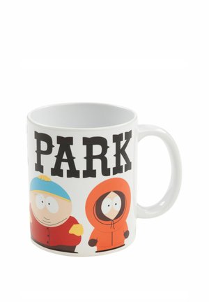 White ceramic mug with cartoon characters wearing bright red and orange jackets and the word "PARK" in bold black letters.