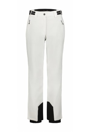 White snow pants with a straight cut, black accents at the cuffs, and zippered pockets on the sides. Durable, weather-resistant material.