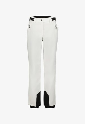 Pantaloni da neve bianchi con taglio dritto, dettagli neri ai polsini e tasche con zip sui lati. Materiale resistente e impermeabile.