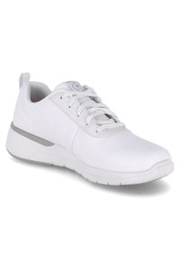 Sneaker bianca con tomaia in sintetico liscio, chiusura con lacci, colletto imbottito e suola grigia texturizzata. Presenta un fondo in gomma per una migliore aderenza.