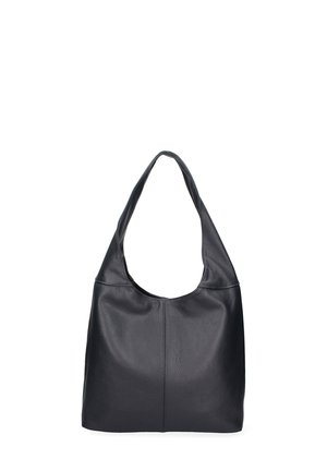 Sac en cuir noir au design décontracté, avec une bandoulière courbée et une texture lisse. Présente des coutures minimales et un intérieur spacieux.