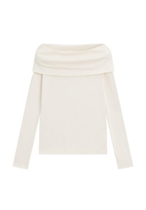 Haut blanc cassé à manches longues avec un décolleté asymétrique, confectionné dans un tissu doux. Il présente une texture lisse et une silhouette ajustée.