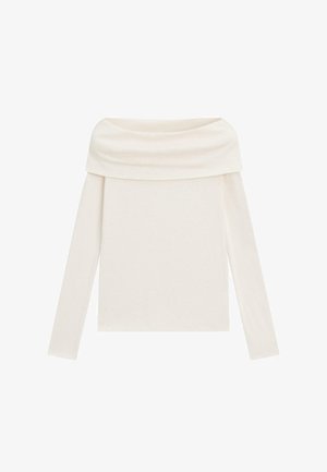 Krémově bílý top s dlouhým rukávem a výstřihem padajícím z ramen, vyrobený z měkké látky. Disponuje hladkou texturou a přiléhavým střihem.