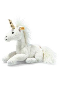 White plush unicorn with a golden horn, black eyes, pink inner ears, and a soft mane and tail. Positioned lying down on its front legs.