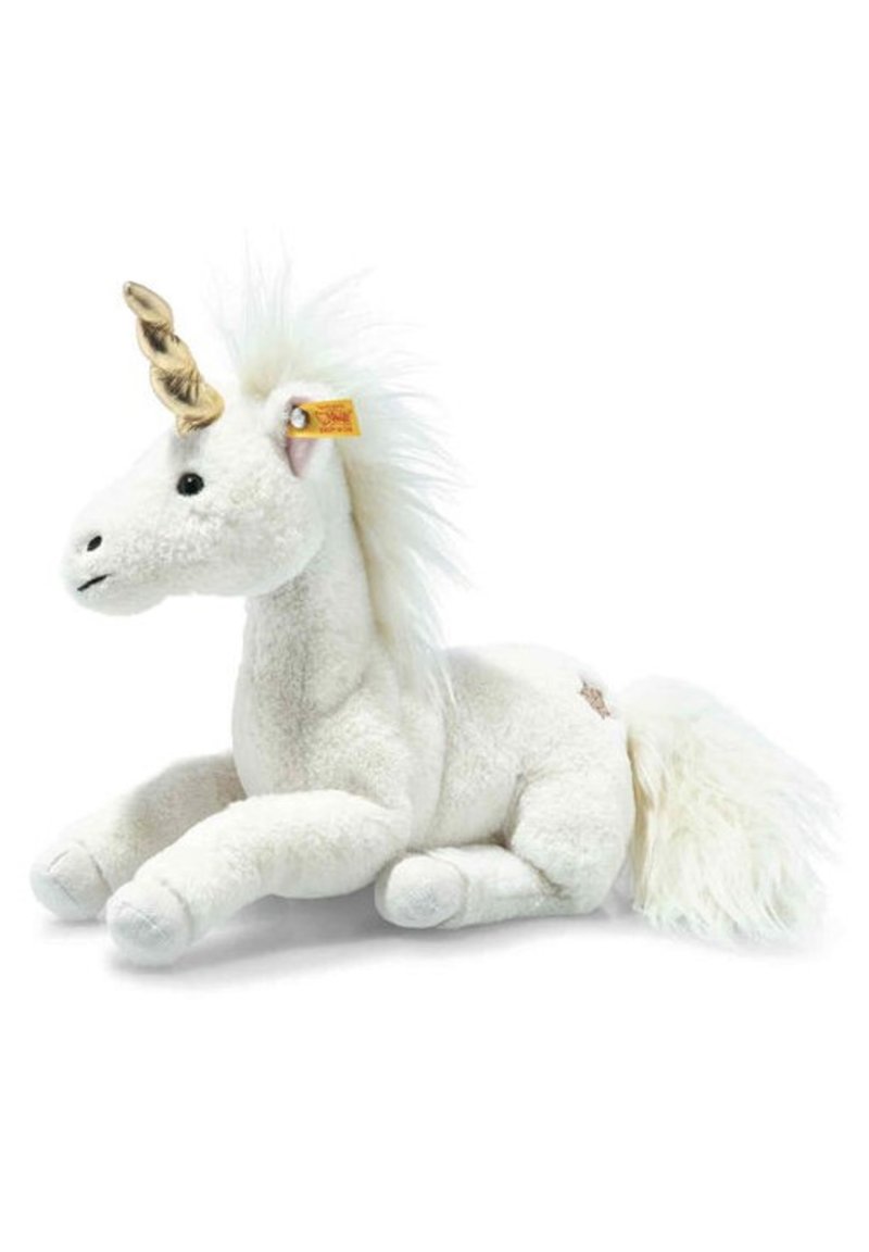 White plush unicorn with a golden horn, black eyes, pink inner ears, and a soft mane and tail. Positioned lying down on its front legs.