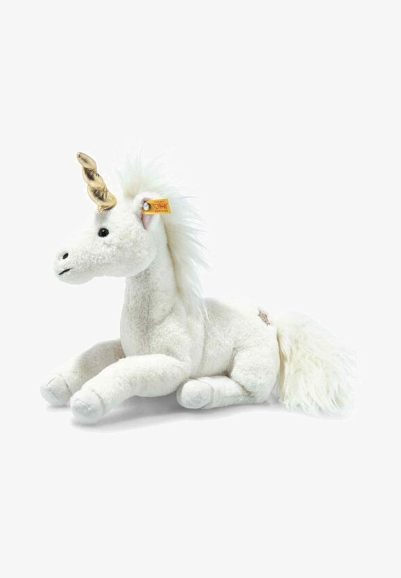 White plush unicorn with a golden horn, black eyes, pink inner ears, and a soft mane and tail. Positioned lying down on its front legs.