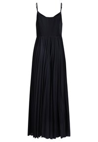 Zwarte mouwloze maxi-jurk met spaghettibandjes en een geplooide rok die uitloopt vanaf een aangesloten lijfje.