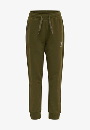 Olivengroene sweatpants van zachte stof, met een trekkoord in de taille en twee zijzakken met ritssluiting en subtiele logo-details.