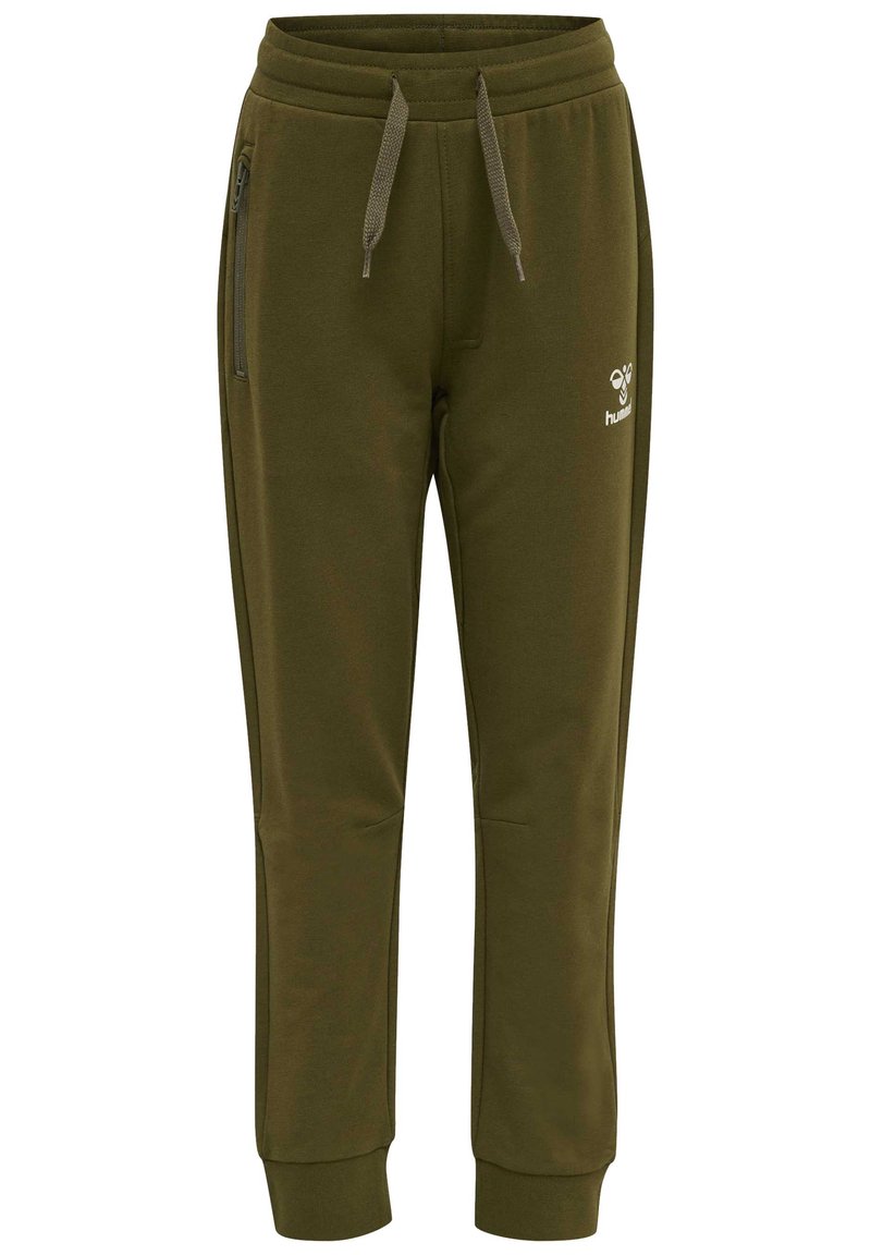 Olivengroene sweatpants van zachte stof, met een trekkoord in de taille en twee zijzakken met ritssluiting en subtiele logo-details.