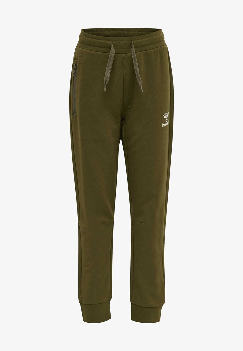 Olivgröna sweatpants tillverkade av mjukt tyg, med en dragsko i midjan och två sidofickor med dragkedja samt diskret logodetalj.