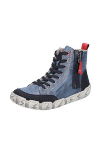 Blaues Leder-Hochschaftschuh mit schwarzen Akzenten, strukturiertem Zehenbereich, schwarzen Schnürsenkeln und Reißverschluss. Verfügt über eine gemusterte Gummisohle.