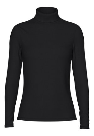 Top à col roulé noir, à manches longues, en tissu lisse. Présente un design ajusté avec un col haut et des détails de couture minimaux.