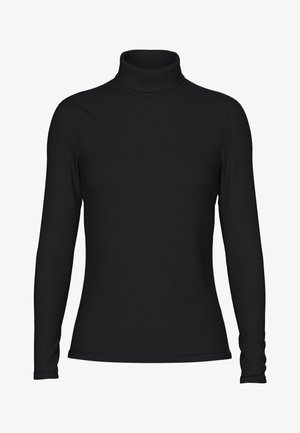 Fekete garbó felső, hosszú ujjú, sima anyagból készült. Feszes fazonú, magas nyakú, minimális varrási részletekkel.