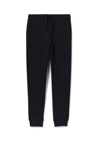 Schwarze Sweatpants aus weichem Stoff mit einem Kordelzug an der Taille, schmal zulaufenden Beinen und gerippten Bündchen. Verfügt über seitliche Taschen zur Aufbewahrung.