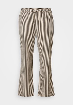 Pantaloni cu dungi, având un model în culori negru și bej, talie elastică cu șnur ajustabil și o croială evazată la marginea de jos.