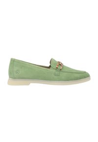 Grüne Wildleder Slipper mit einer dekorativen Hardware-Akzentuierung und beigem Gummisohle. Verfügt über eine abgerundete Zehenpartie und gestickte Details entlang der Kanten.