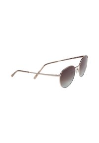 Aviator zonnebrillen met een verloop van grijze lenzen, een metallic zilveren montuur en decoratieve neuspads. Slanke rechte poten met gebogen uiteinden.