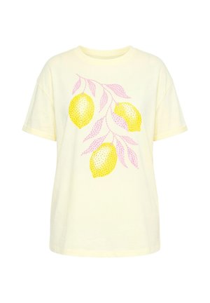 Jasnożółta koszulka z krótkim rękawem z motywem trzech żółtych cytryn i różowych liści na przodzie.