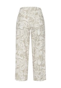 Pantalon à jambes larges avec motif floral beige et blanc et poches plaquées à l'arrière, montré de dos.