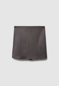 Grauer, hoch taillierter Rock aus weichem Stoff mit glatter Textur und strukturierten Einsätzen. Neutrale Farbe, die zu verschiedenen Outfits passt.