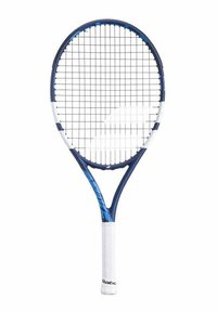 Tennisschläger mit einem blau-weißen Rahmen, einem ovalen Schlägerkopf, einem strukturierten weißen Griff und einem Gitter-Saitenmuster über dem Kopf.
